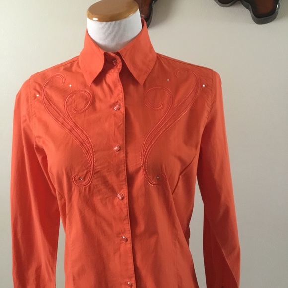 Rockies Tops - ROCKIES ORANGE WESTERN EMBROIDERED & BLING ORANGE SNAP BUTTON DOWN SHIRT/ SZ S